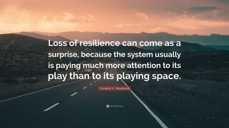 Donella H. Meadows Quote: “Loss of resilience can come as a surprise, because the system usually is paying much more attention to its play than to its playing space.”