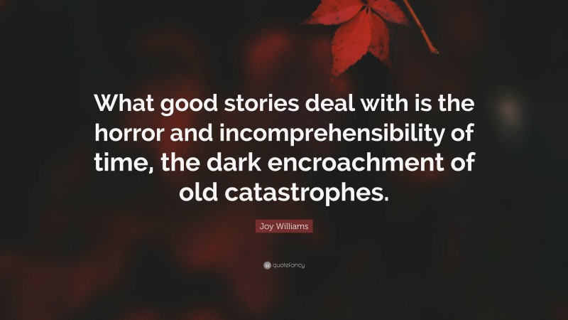 Joy Williams Quote: “What good stories deal with is the horror and incomprehensibility of time, the dark encroachment of old catastrophes.”