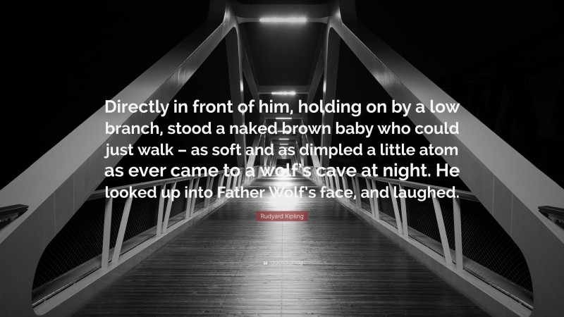 Rudyard Kipling Quote: “Directly in front of him, holding on by a low branch, stood a naked brown baby who could just walk – as soft and as dimpled a little atom as ever came to a wolf’s cave at night. He looked up into Father Wolf’s face, and laughed.”