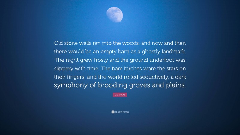E.B. White Quote: “Old stone walls ran into the woods, and now and then there would be an empty barn as a ghostly landmark. The night grew frosty and the ground underfoot was slippery with rime. The bare birches wore the stars on their fingers, and the world rolled seductively, a dark symphony of brooding groves and plains.”