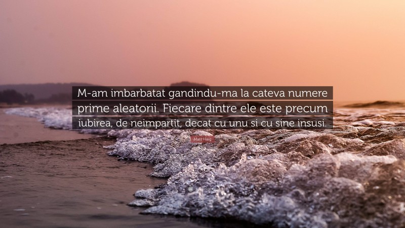 Matt Haig Quote: “M-am imbarbatat gandindu-ma la cateva numere prime aleatorii. Fiecare dintre ele este precum iubirea, de neimpartit, decat cu unu si cu sine insusi.”