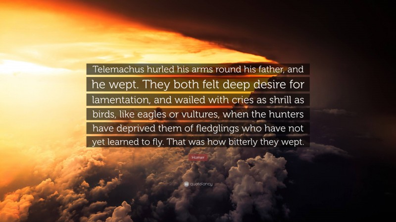 Homer Quote: “Telemachus hurled his arms round his father, and he wept. They both felt deep desire for lamentation, and wailed with cries as shrill as birds, like eagles or vultures, when the hunters have deprived them of fledglings who have not yet learned to fly. That was how bitterly they wept.”