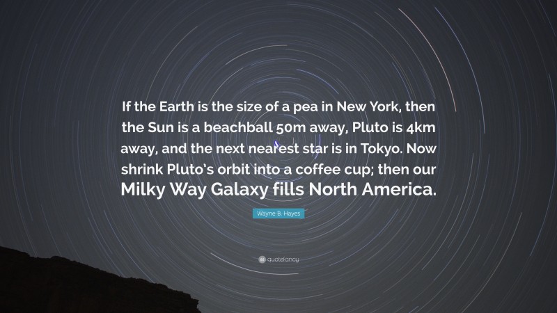Wayne B. Hayes Quote: “If the Earth is the size of a pea in New York, then the Sun is a beachball 50m away, Pluto is 4km away, and the next nearest star is in Tokyo. Now shrink Pluto’s orbit into a coffee cup; then our Milky Way Galaxy fills North America.”