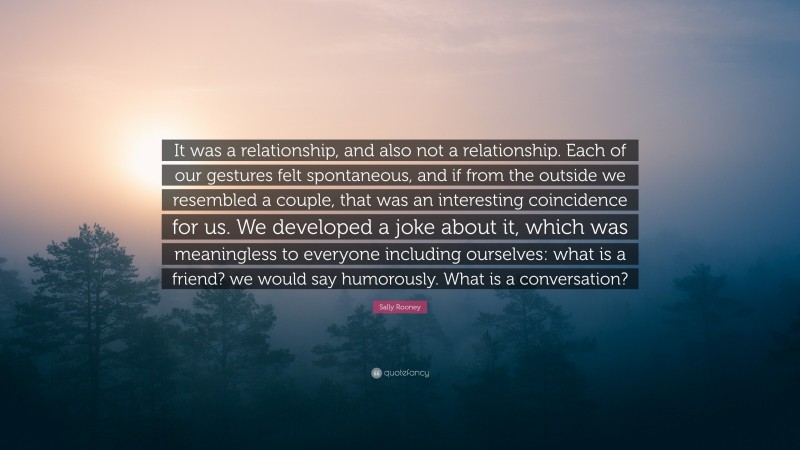 Sally Rooney Quote: “It was a relationship, and also not a relationship. Each of our gestures felt spontaneous, and if from the outside we resembled a couple, that was an interesting coincidence for us. We developed a joke about it, which was meaningless to everyone including ourselves: what is a friend? we would say humorously. What is a conversation?”