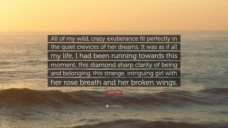 Leylah Attar Quote: “All of my wild, crazy exuberance fit perfectly in the quiet crevices of her dreams. It was as if all my life, I had been running towards this moment, this diamond sharp clarity of being and belonging, this strange, intriguing girl with her rose breath and her broken wings.”