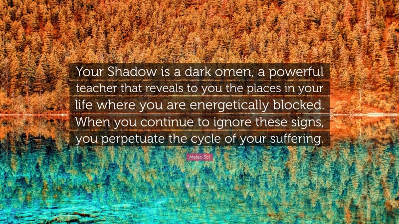 Mateo Sol Quote: “Your Shadow is a dark omen, a powerful teacher that reveals to you the places in your life where you are energetically blocked. When you continue to ignore these signs, you perpetuate the cycle of your suffering.”