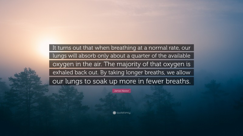 James Nestor Quote: “It turns out that when breathing at a normal rate, our lungs will absorb only about a quarter of the available oxygen in the air. The majority of that oxygen is exhaled back out. By taking longer breaths, we allow our lungs to soak up more in fewer breaths.”