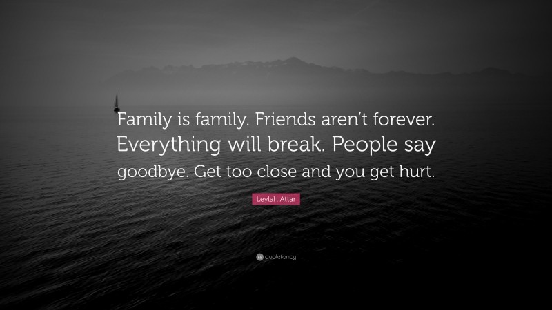 Leylah Attar Quote: “Family is family. Friends aren’t forever. Everything will break. People say goodbye. Get too close and you get hurt.”