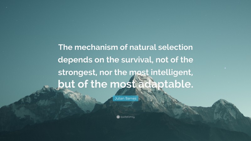 Julian Barnes Quote: “The mechanism of natural selection depends on the survival, not of the strongest, nor the most intelligent, but of the most adaptable.”
