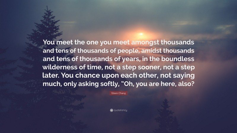 Eileen Chang Quote: “You meet the one you meet amongst thousands and tens of thousands of people, amidst thousands and tens of thousands of years, in the boundless wilderness of time, not a step sooner, not a step later. You chance upon each other, not saying much, only asking softly, “Oh, you are here, also?”