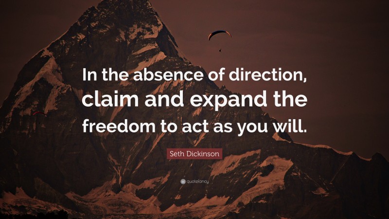Seth Dickinson Quote: “In the absence of direction, claim and expand the freedom to act as you will.”