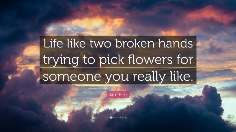 Sam Pink Quote: “Life like two broken hands trying to pick flowers for someone you really like.”