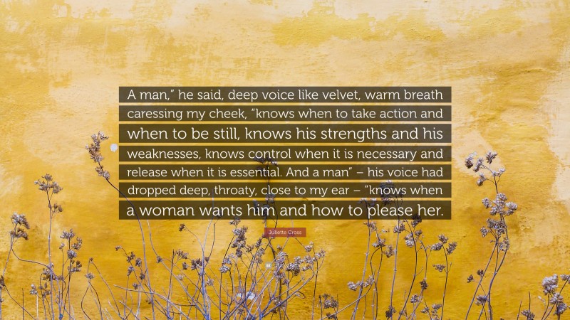 Juliette Cross Quote: “A man,” he said, deep voice like velvet, warm breath caressing my cheek, “knows when to take action and when to be still, knows his strengths and his weaknesses, knows control when it is necessary and release when it is essential. And a man” – his voice had dropped deep, throaty, close to my ear – “knows when a woman wants him and how to please her.”