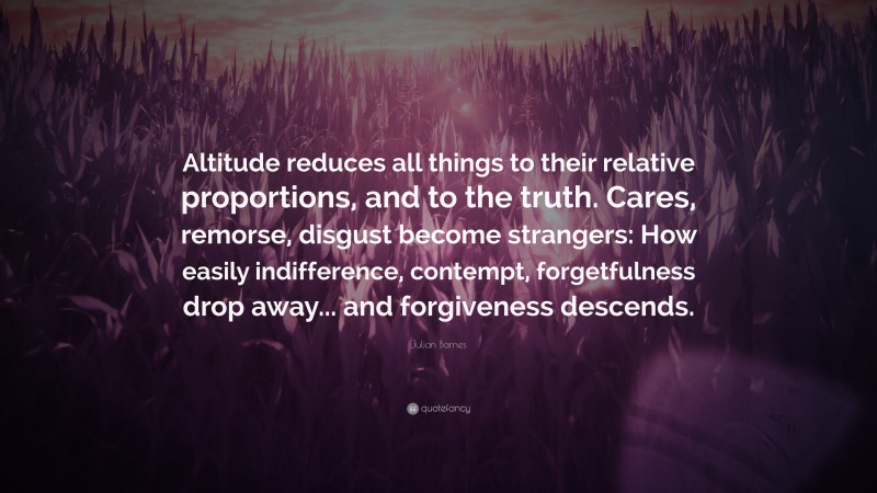 Julian Barnes Quote: “Altitude reduces all things to their relative proportions, and to the truth. Cares, remorse, disgust become strangers: How easily indifference, contempt, forgetfulness drop away... and forgiveness descends.”