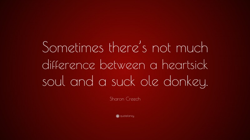 Sharon Creech Quote: “Sometimes there’s not much difference between a heartsick soul and a suck ole donkey.”