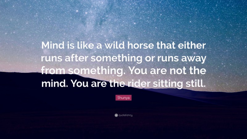 Shunya Quote: “Mind is like a wild horse that either runs after something or runs away from something. You are not the mind. You are the rider sitting still.”