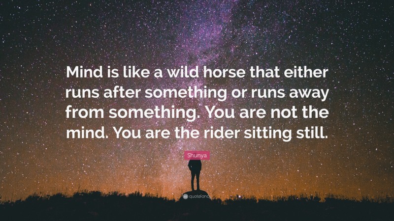 Shunya Quote: “Mind is like a wild horse that either runs after something or runs away from something. You are not the mind. You are the rider sitting still.”