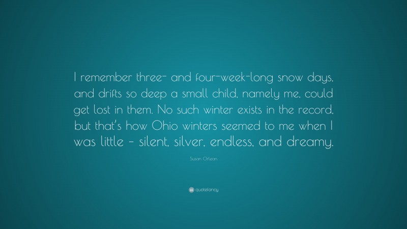 Susan Orlean Quote: “I remember three- and four-week-long snow days, and drifts so deep a small child, namely me, could get lost in them. No such winter exists in the record, but that’s how Ohio winters seemed to me when I was little – silent, silver, endless, and dreamy.”