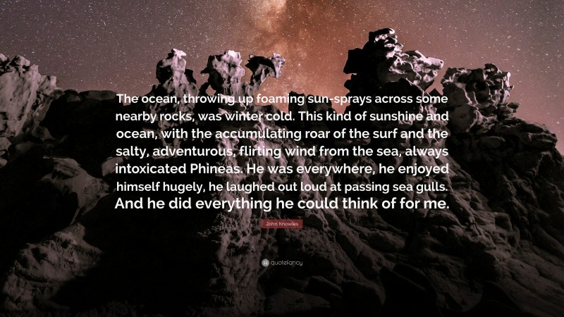 John Knowles Quote: “The ocean, throwing up foaming sun-sprays across some nearby rocks, was winter cold. This kind of sunshine and ocean, with the accumulating roar of the surf and the salty, adventurous, flirting wind from the sea, always intoxicated Phineas. He was everywhere, he enjoyed himself hugely, he laughed out loud at passing sea gulls. And he did everything he could think of for me.”