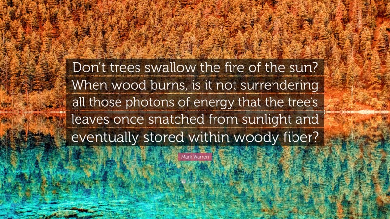 Mark Warren Quote: “Don’t trees swallow the fire of the sun? When wood burns, is it not surrendering all those photons of energy that the tree’s leaves once snatched from sunlight and eventually stored within woody fiber?”