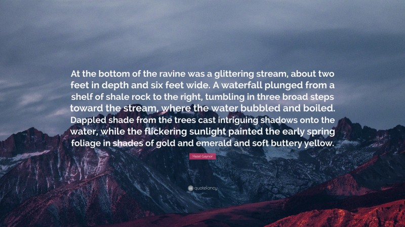 Hazel Gaynor Quote: “At the bottom of the ravine was a glittering stream, about two feet in depth and six feet wide. A waterfall plunged from a shelf of shale rock to the right, tumbling in three broad steps toward the stream, where the water bubbled and boiled. Dappled shade from the trees cast intriguing shadows onto the water, while the flickering sunlight painted the early spring foliage in shades of gold and emerald and soft buttery yellow.”