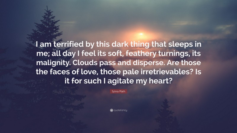 Sylvia Plath Quote: “I am terrified by this dark thing that sleeps in me; all day I feel its soft, feathery turnings, its malignity. Clouds pass and disperse. Are those the faces of love, those pale irretrievables? Is it for such I agitate my heart?”