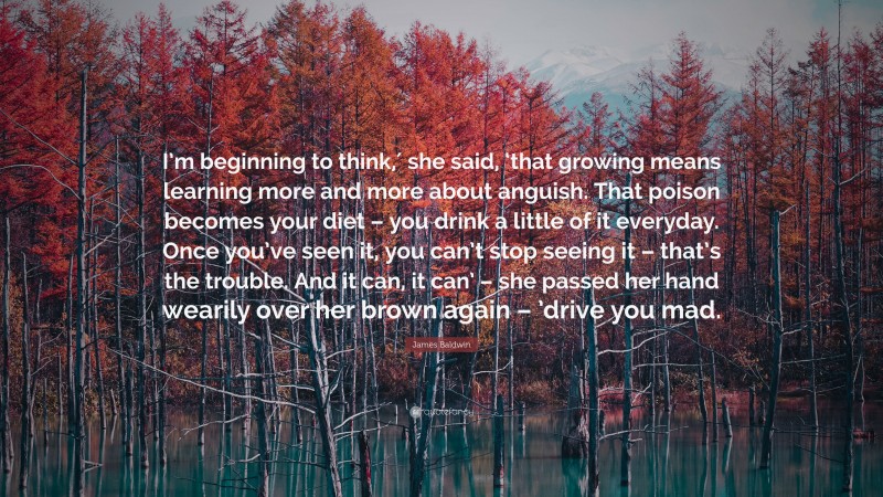 James Baldwin Quote: “I’m beginning to think,′ she said, ‘that growing means learning more and more about anguish. That poison becomes your diet – you drink a little of it everyday. Once you’ve seen it, you can’t stop seeing it – that’s the trouble. And it can, it can’ – she passed her hand wearily over her brown again – ’drive you mad.”