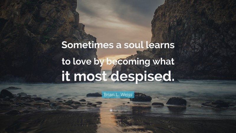 Brian L. Weiss Quote: “Sometimes a soul learns to love by becoming what it most despised.”