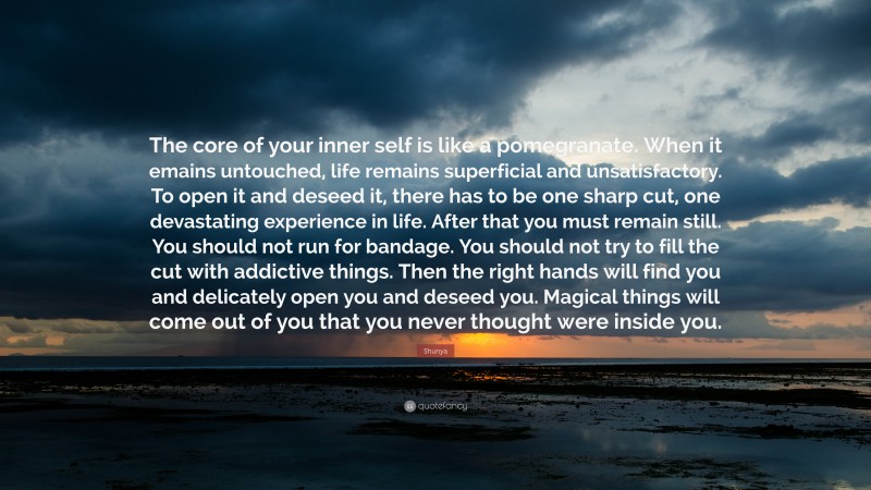 Shunya Quote: “The core of your inner self is like a pomegranate. When it emains untouched, life remains superficial and unsatisfactory. To open it and deseed it, there has to be one sharp cut, one devastating experience in life. After that you must remain still. You should not run for bandage. You should not try to fill the cut with addictive things. Then the right hands will find you and delicately open you and deseed you. Magical things will come out of you that you never thought were inside you.”