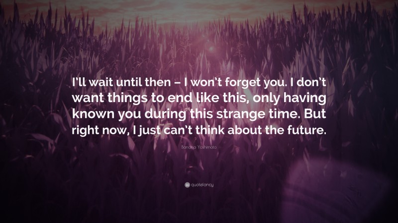 Banana Yoshimoto Quote: “I’ll wait until then – I won’t forget you. I don’t want things to end like this, only having known you during this strange time. But right now, I just can’t think about the future.”
