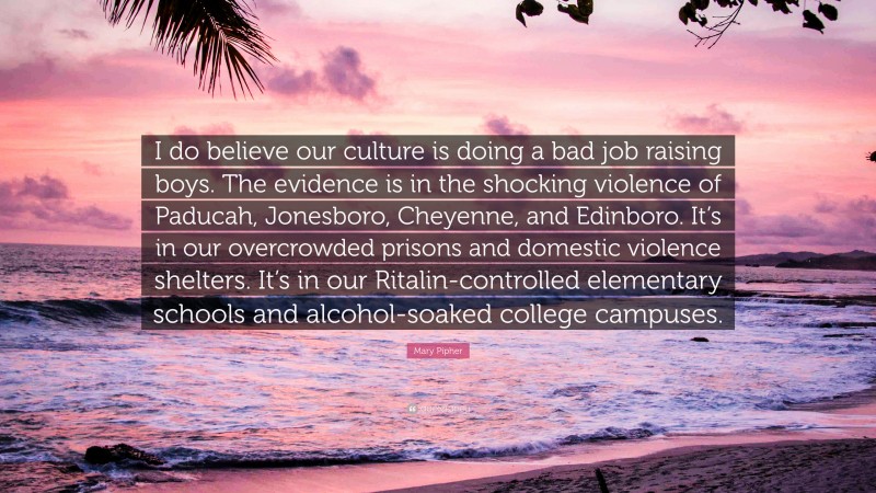 Mary Pipher Quote: “I do believe our culture is doing a bad job raising boys. The evidence is in the shocking violence of Paducah, Jonesboro, Cheyenne, and Edinboro. It’s in our overcrowded prisons and domestic violence shelters. It’s in our Ritalin-controlled elementary schools and alcohol-soaked college campuses.”