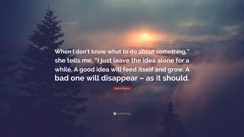 Sasha Martin Quote: “When I don’t know what to do about something,” she tells me, “I just leave the idea alone for a while. A good idea will feed itself and grow. A bad one will disappear – as it should.”