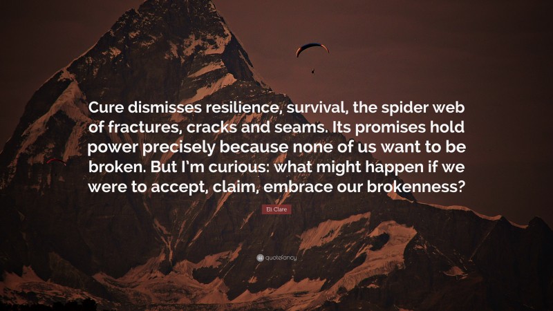 Eli Clare Quote: “Cure dismisses resilience, survival, the spider web of fractures, cracks and seams. Its promises hold power precisely because none of us want to be broken. But I’m curious: what might happen if we were to accept, claim, embrace our brokenness?”