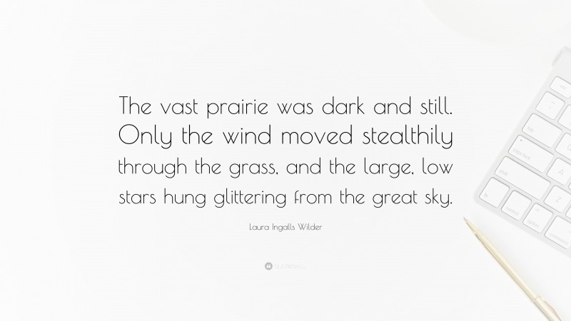 Laura Ingalls Wilder Quote: “The vast prairie was dark and still. Only the wind moved stealthily through the grass, and the large, low stars hung glittering from the great sky.”