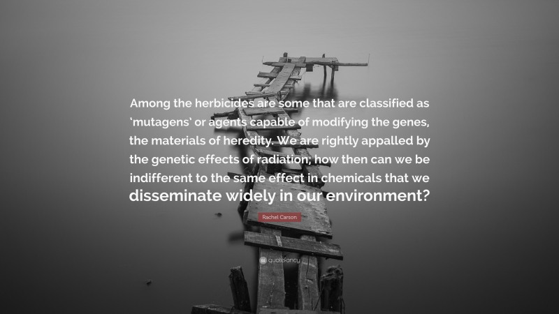 Rachel Carson Quote: “Among the herbicides are some that are classified as ‘mutagens’ or agents capable of modifying the genes, the materials of heredity. We are rightly appalled by the genetic effects of radiation; how then can we be indifferent to the same effect in chemicals that we disseminate widely in our environment?”