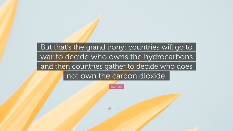 Ziya Tong Quote: “But that’s the grand irony: countries will go to war to decide who owns the hydrocarbons and then countries gather to decide who does not own the carbon dioxide.”
