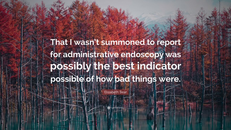 Elizabeth Bear Quote: “That I wasn’t summoned to report for administrative endoscopy was possibly the best indicator possible of how bad things were.”