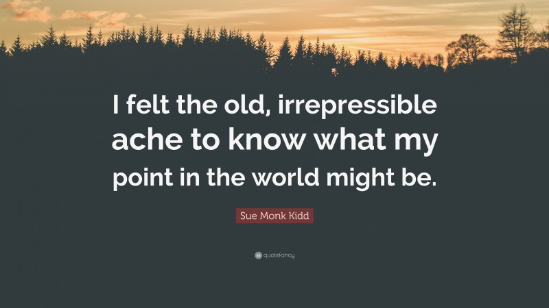 Sue Monk Kidd Quote: “I felt the old, irrepressible ache to know what my point in the world might be.”