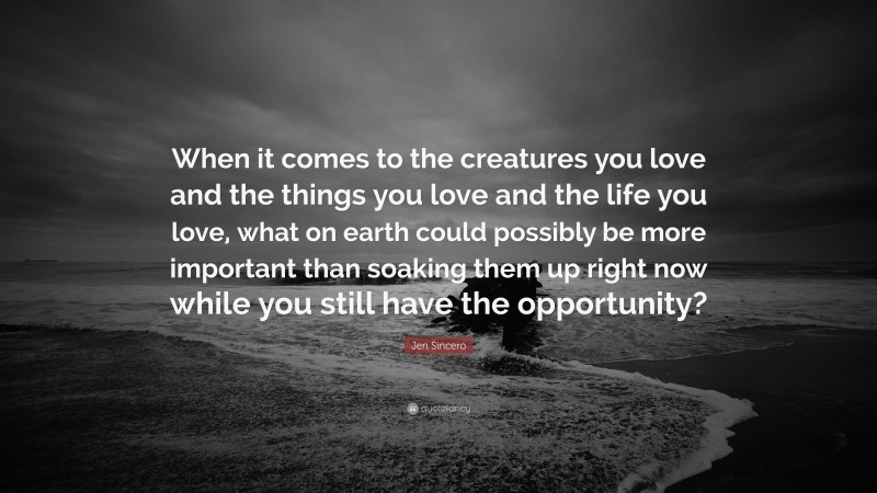 Jen Sincero Quote: “When it comes to the creatures you love and the things you love and the life you love, what on earth could possibly be more important than soaking them up right now while you still have the opportunity?”