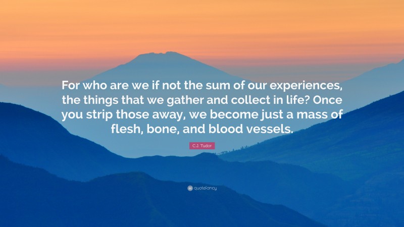 C.J. Tudor Quote: “For who are we if not the sum of our experiences, the things that we gather and collect in life? Once you strip those away, we become just a mass of flesh, bone, and blood vessels.”