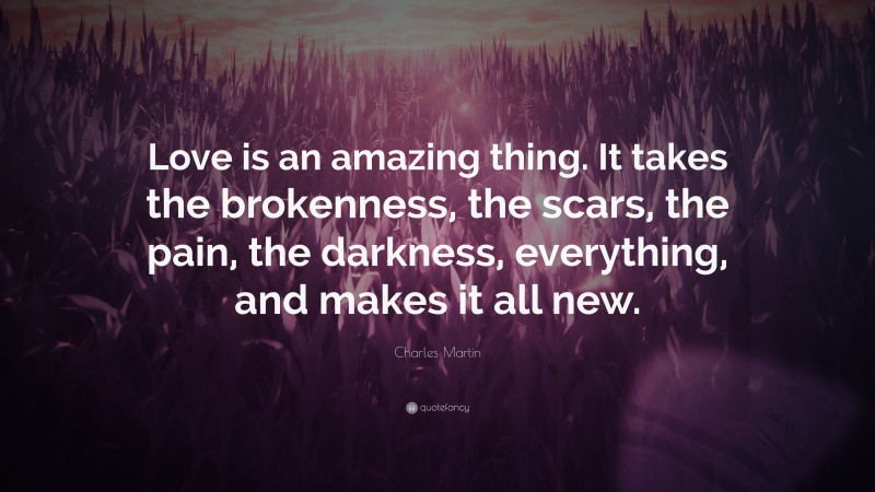 Charles Martin Quote: “Love is an amazing thing. It takes the brokenness, the scars, the pain, the darkness, everything, and makes it all new.”