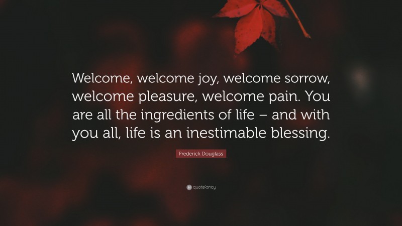 Frederick Douglass Quote: “Welcome, welcome joy, welcome sorrow, welcome pleasure, welcome pain. You are all the ingredients of life – and with you all, life is an inestimable blessing.”