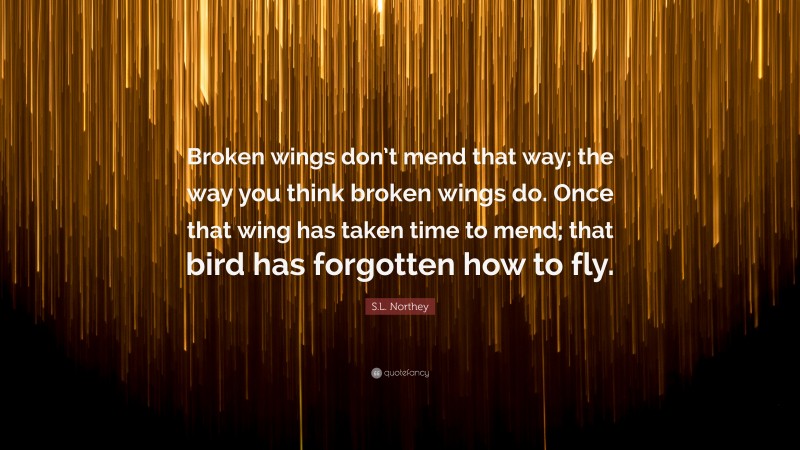 S.L. Northey Quote: “Broken wings don’t mend that way; the way you think broken wings do. Once that wing has taken time to mend; that bird has forgotten how to fly.”