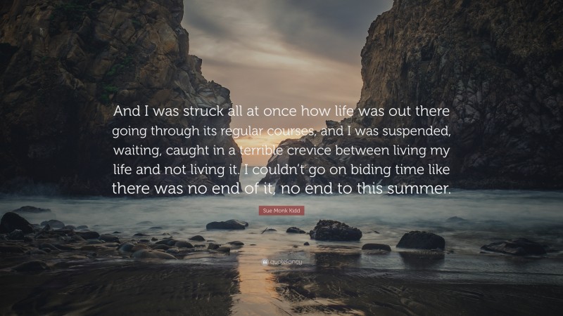 Sue Monk Kidd Quote: “And I was struck all at once how life was out there going through its regular courses, and I was suspended, waiting, caught in a terrible crevice between living my life and not living it. I couldn’t go on biding time like there was no end of it, no end to this summer.”