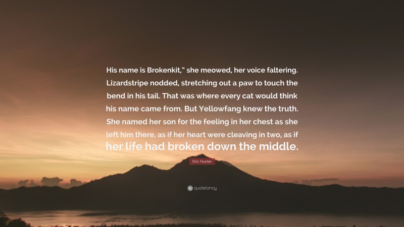 Erin Hunter Quote: “His name is Brokenkit,” she meowed, her voice faltering. Lizardstripe nodded, stretching out a paw to touch the bend in his tail. That was where every cat would think his name came from. But Yellowfang knew the truth. She named her son for the feeling in her chest as she left him there, as if her heart were cleaving in two, as if her life had broken down the middle.”