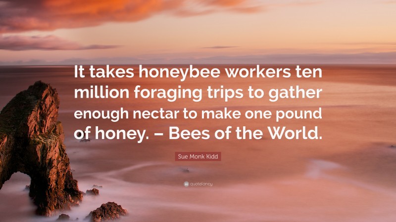 Sue Monk Kidd Quote: “It takes honeybee workers ten million foraging trips to gather enough nectar to make one pound of honey. – Bees of the World.”