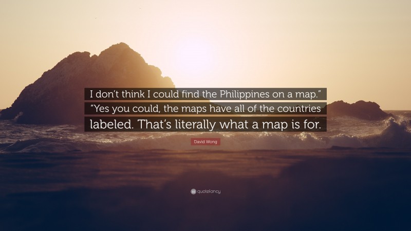 David Wong Quote: “I don’t think I could find the Philippines on a map.” “Yes you could, the maps have all of the countries labeled. That’s literally what a map is for.”