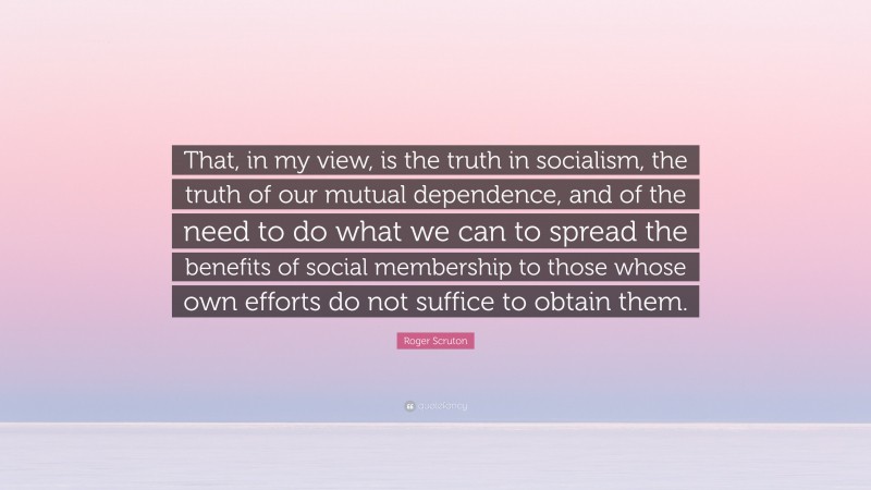 Roger Scruton Quote: “That, in my view, is the truth in socialism, the truth of our mutual dependence, and of the need to do what we can to spread the benefits of social membership to those whose own efforts do not suffice to obtain them.”