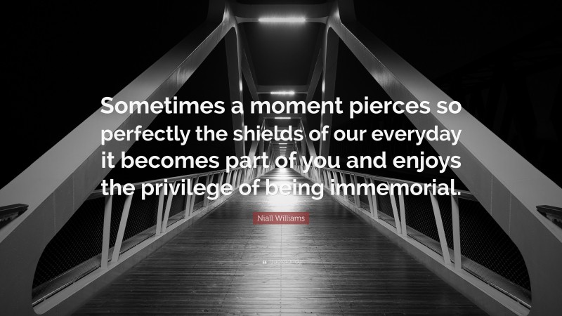 Niall Williams Quote: “Sometimes a moment pierces so perfectly the shields of our everyday it becomes part of you and enjoys the privilege of being immemorial.”