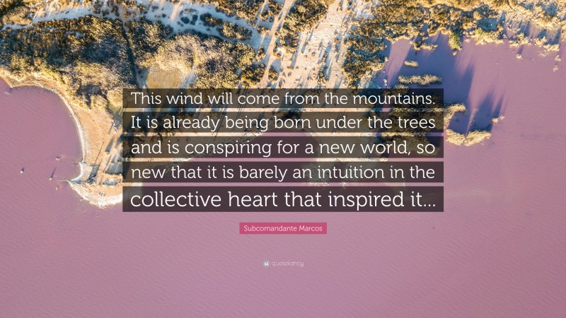 Subcomandante Marcos Quote: “This wind will come from the mountains. It is already being born under the trees and is conspiring for a new world, so new that it is barely an intuition in the collective heart that inspired it...”